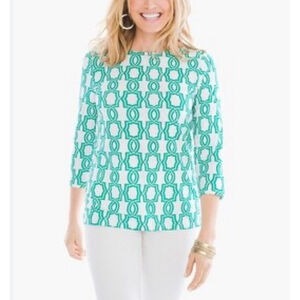 Chicos 3/4 Sleeves Top Womens 2 US L Graphic Geo Cotton Slub Blouse Green
